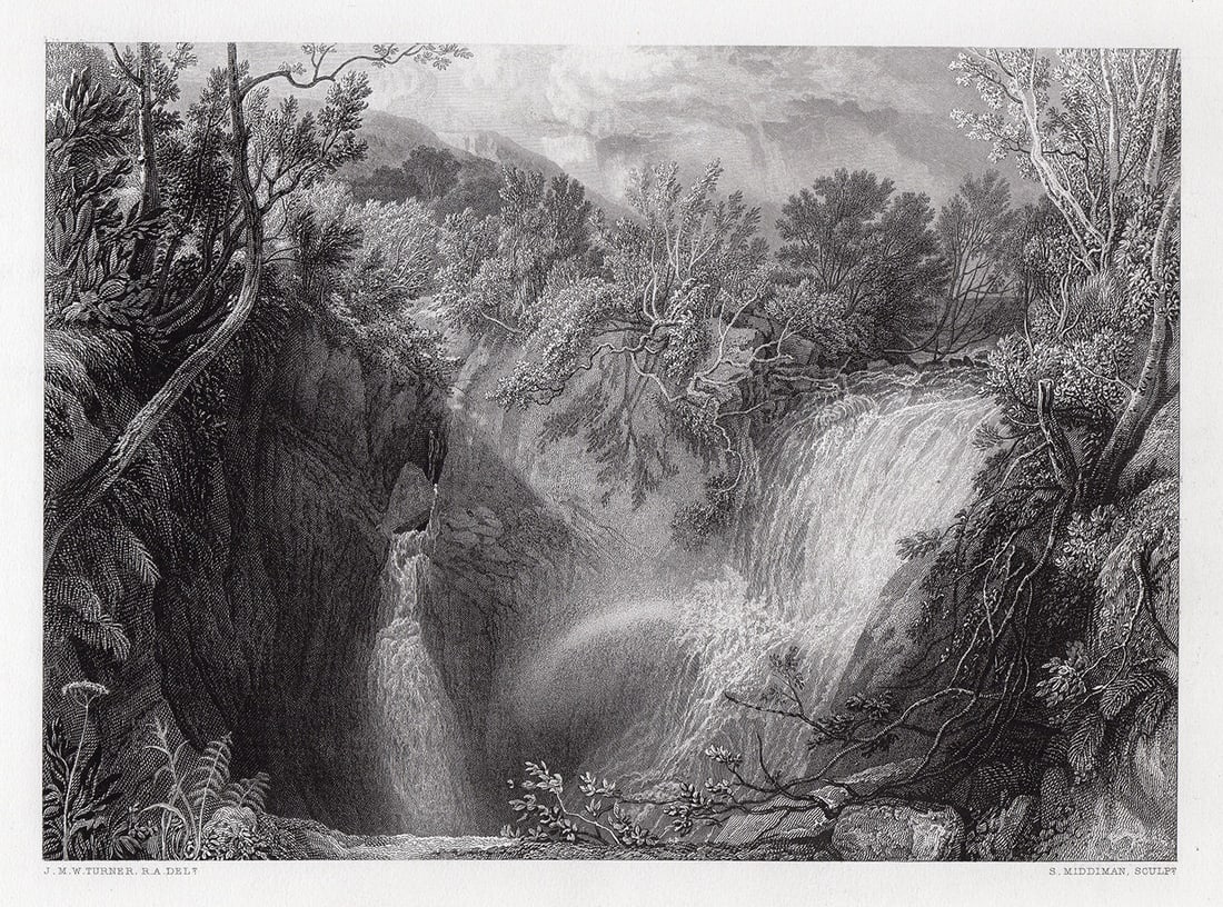 Joseph Mallord William Turner Weathercote Cave, Yorkshire 1875 engraving: Joseph Mallord William Turner. (English, 1775-1851). Weathercote Cave, Yorkshire. Antique Steel Engraving on wove paper after the original watercolor on paper by master engraver Samuel Middiman (Engli