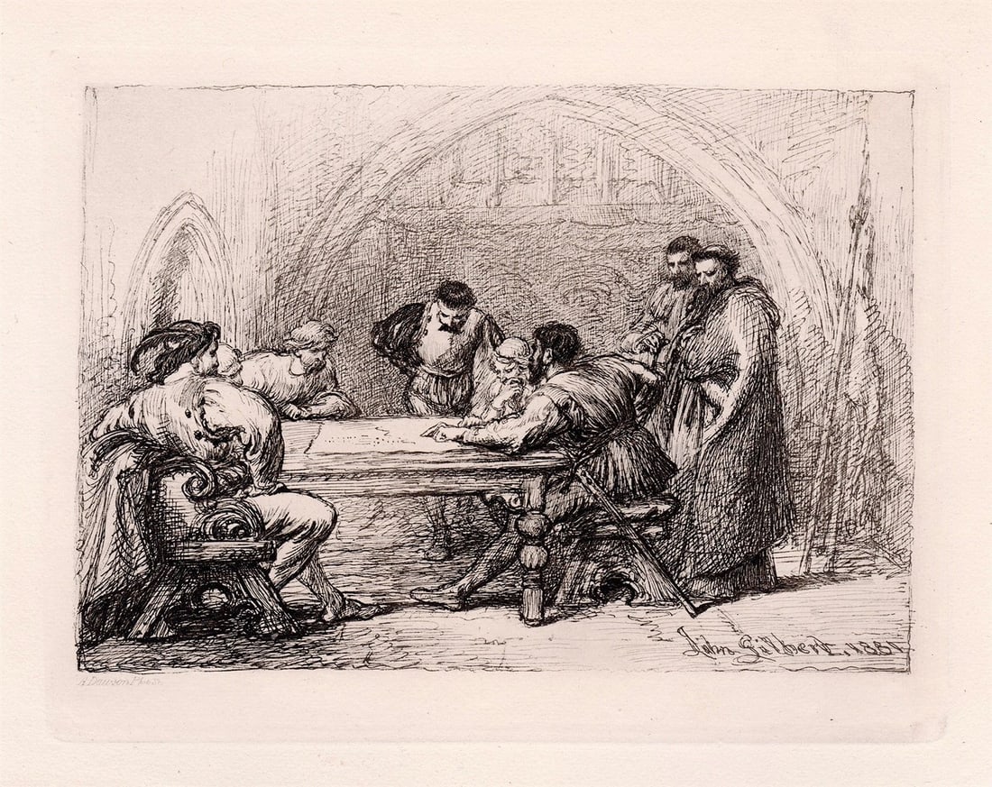 Sir John Gilbert A Council of War 1882 etching: Sir John Gilbert. (English, 1817-1897). "A Council of War". Antique etching on thick laid paper after the original by master etcher Alfred Dawson (English, 1843-1931). 1882. Signed in the plate lower