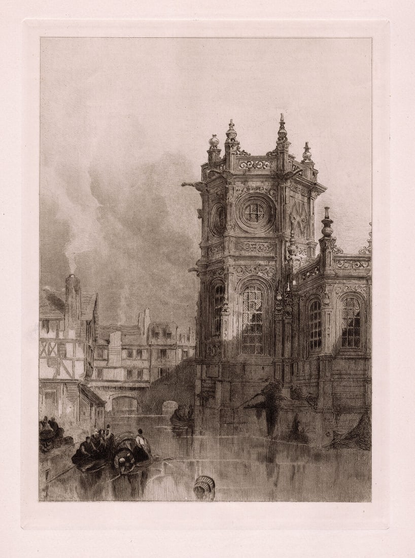 David Roberts The Church of St. Pierre, Caen 1888 etching: David Roberts. (Scottish, 1796-1864). The Church of St. Pierre, Caen. Antique copper plate etching on thick wove paper after the original by master etcher Charles Oliver Murray (Scottish, 1842-1923).