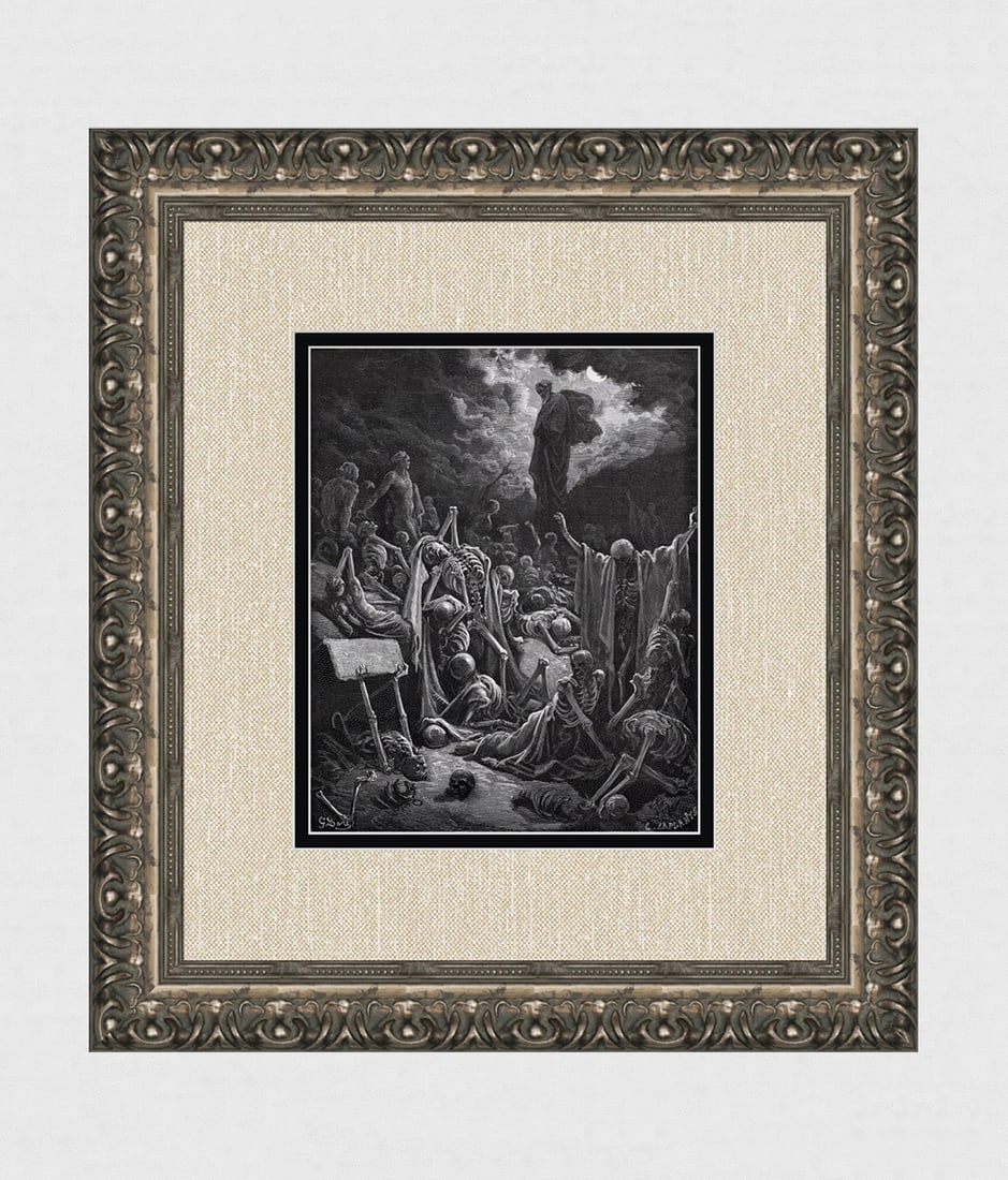 FRAMED 1800s Gustave DORE'S BIBLE Woodcut The Valley of Dry Bones SIGNED: Gustave Dore (Paul Gustave Louis Christophe Dore) (French, 1832-1883). The Vision of the Valley of the Dry Bones (from Dore's Bible). Antique woodcut wove paper after the original by a master wood eng