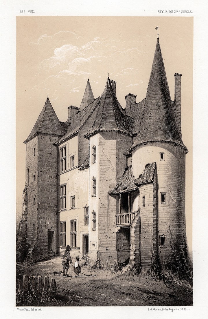 FRAMED Original 1800s VICTOR PETIT Lithograph CHASSY CASTLE Signed: Victor Jean Baptiste Petit (French 1817-1871). Chateau De Chassy, Saône et Loire (Chassy Castle, Saône et Loire). Original tinted lithograph on strong vellum paper. Year: 1860. Signed in the plate.