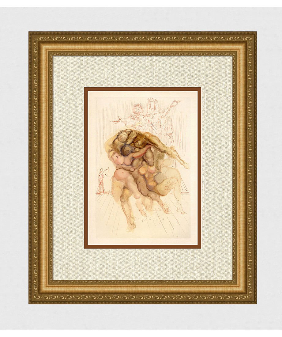 1960 Salvador Dali Angry Ones Authentic Woodcut: Salvador Dali. (1904-1989). "The Angry Ones" Enferno Canto 8. Authentic Original Color Woodcut from The Divine Comedy Printed in 1960 on B.F.K. Rives Paper ( this is not a reproduction, copy, or repri