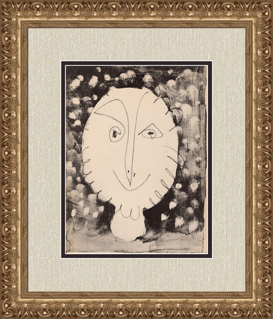 1949 Pablo Picasso Visage II Lithograph Framed: Pablo Picasso (Spanish,1881-1973). Visage II (Mourlot 160b). Color Lithograph on wove paper. 1949. Limited to 2500 impressions. Sauret. Atelier Mourlot. Image size 9 1/2 x 12 3/8 inches. Approximately