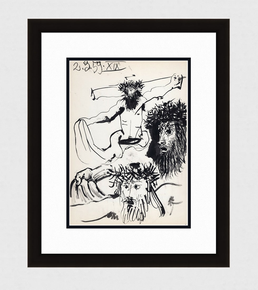 PABLO PICASSO 1961 Vintage Lithograph Christ on the Cross FRAMED: Pablo Picasso (1881 - 1973). Christ on the Cross (Cristo en la cruz). Black and white offset lithograph, on Arches paper, after the original sketch. Atelier Mourlot. Year: 1961. Signature/Dated: Dated