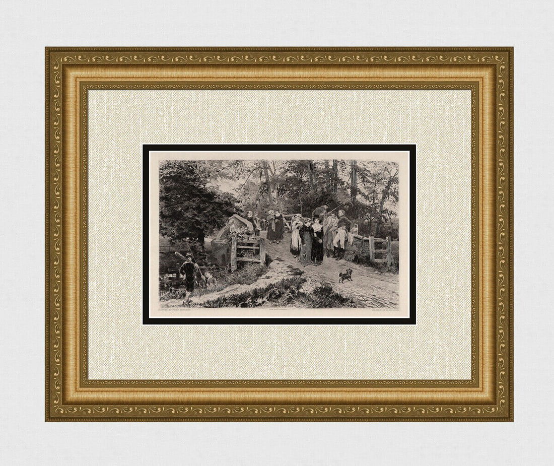 1800s Frederick Morgan Antique Etching "School Belles" FRAMED SIGNED: Frederick Morgan (English, 1847 - 1927). School Belles. Antique steel engraving on wove paper after the original by Master Engraver L. Muller (19th Century). Year: 1889. Signed in the plate. Condition