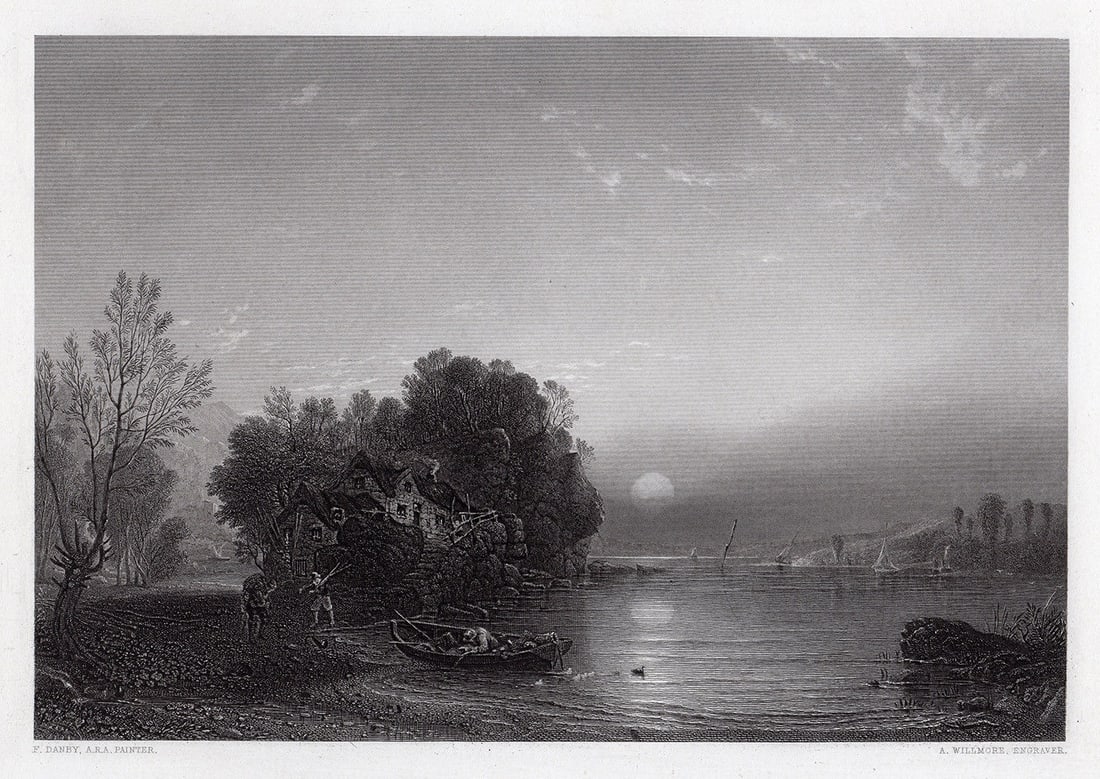 Francis Danby 1852 engraving The Fisherman's Home signed: Francis Danby. (Irish, 1793 - 1861). The Fisherman's Home. Antique engraving on wove paper after the original by master engraver Arthur Willmore (British, 1814-1888). 1852. Signed in the plate. Excell