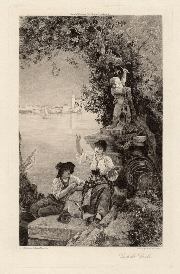 Henry Woods Cupid's Spell 1908 Etching Signed: Henry Woods. Cupid's Spell. Antique etching on laid paper after the oil paint on canvas by Master Etcher H. Boucher. 1908. Signed/Dated in the plate, lower right. Image Size 6 1/2 x 10 5/8 inches. Fra