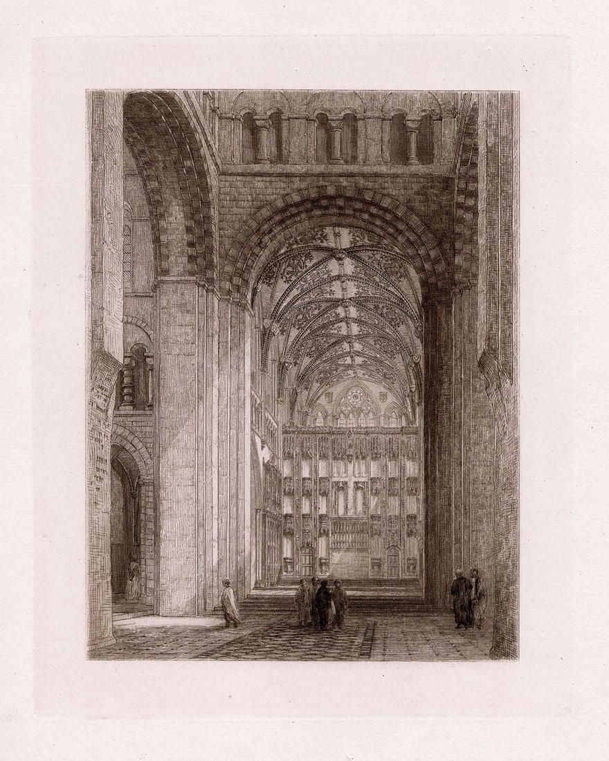 Robert Kent Thomas Choir of St. Albans Abbey 1876 etching: Robert Kent Thomas. (British, 1816-1884). Choir of St. Albans Abbey. Antique Etching on laid paper. 1876. Excellent. Image Size 7 1/4 x 9 1/4 inches. Approximately 16 x 19 inches. This piece has been