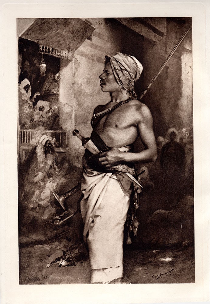 George Seymour Desert-Born print signed: George L. Seymour (1876-1916). Desert-Born. Antique Heliogravure on thick wove paper after the original by Dujardin. 1886. Signed in the plate. Excellent. Image Size 6 1/4 x 9 1/4 inches. Approximatel