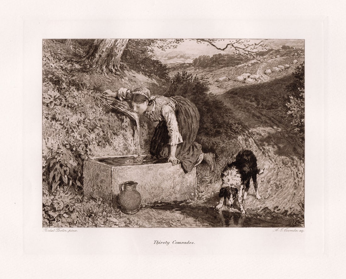 1891 Myles Birket Foster Thirsty Comrades print signed: Myles Birket Foster. (English, 1825-1899). Thirsty Comrades. Antique heliogravure on wove paper after the original by master engraver Arthur E. Coombe. 1891. Signed in the plate. Excellent. Image Size