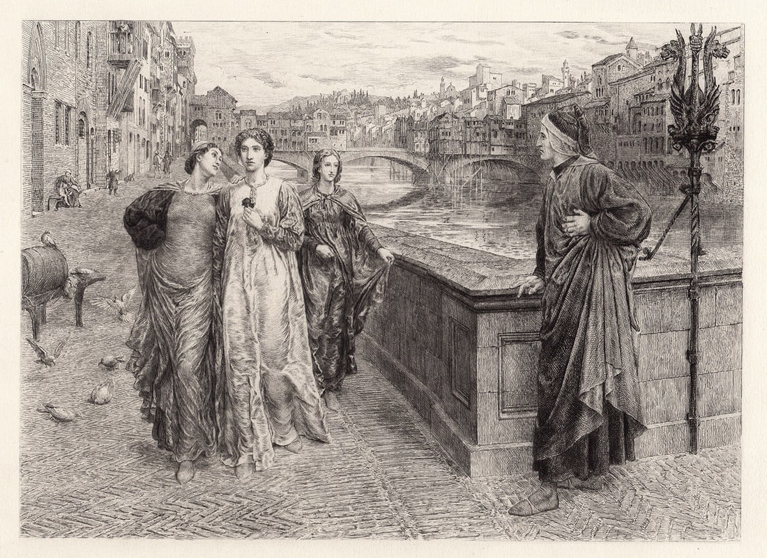 Henry Holladay Dante and Beatrice (Dante meets Beatrice at Ponte Santa Trinita) 1884 etching: Henry Holladay. (English, 1839 - 1927). Dante and Beatrice (Dante meets Beatrice at Ponte Santa Trinita). Antique etching on wove paper after the original oil on canvas by master etcher Charles Oliver