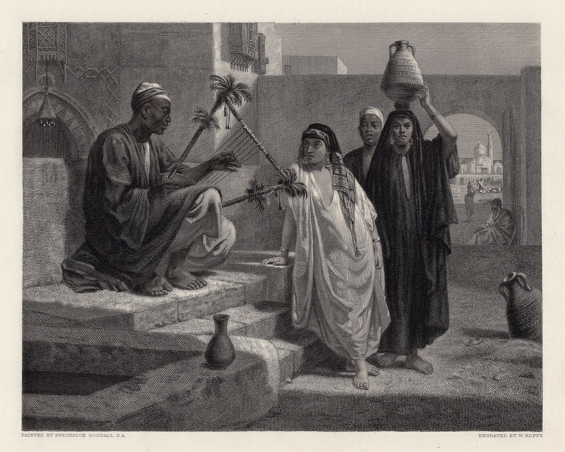 1884 Engraving Frederick Goodall Nubian Song Signed Framed: Frederick Goodall. The Song of the Nubian Slave. Antique engraving on wove paper after the original oil on canvas by Master Engraver William Callio Roffe (British, 1817 - c.1894). 1884. Signed in the