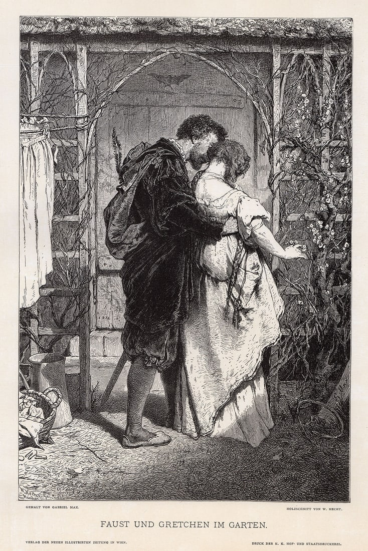 Gabriel Max 1887 woodcut Faust und Gretchen im Garten (Faust and Gretchen in the Garden) signed: Gabriel Max. (Gabriel Cornelius Ritter von Max) (Prague-born Austrian, 1840-1915). Faust und Gretchen im Garten (Faust and Gretchen in the Garden). Antique woodcut on wove paper after the original pai