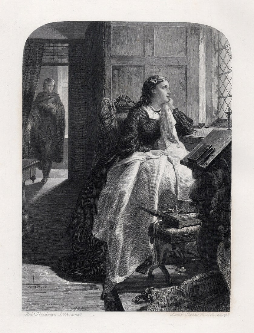 Robert Herdman 1800's Engraving Effie Waverly's Last Visit SIGNED FRAMED: Robert Herdman (British, 1829-1888). Waverley's last visit to Flora McIvor. Antique engraving on wove paper after the original by master engraver Lumb Stocks (British, 1812-1892). Year: 1865. Signed i