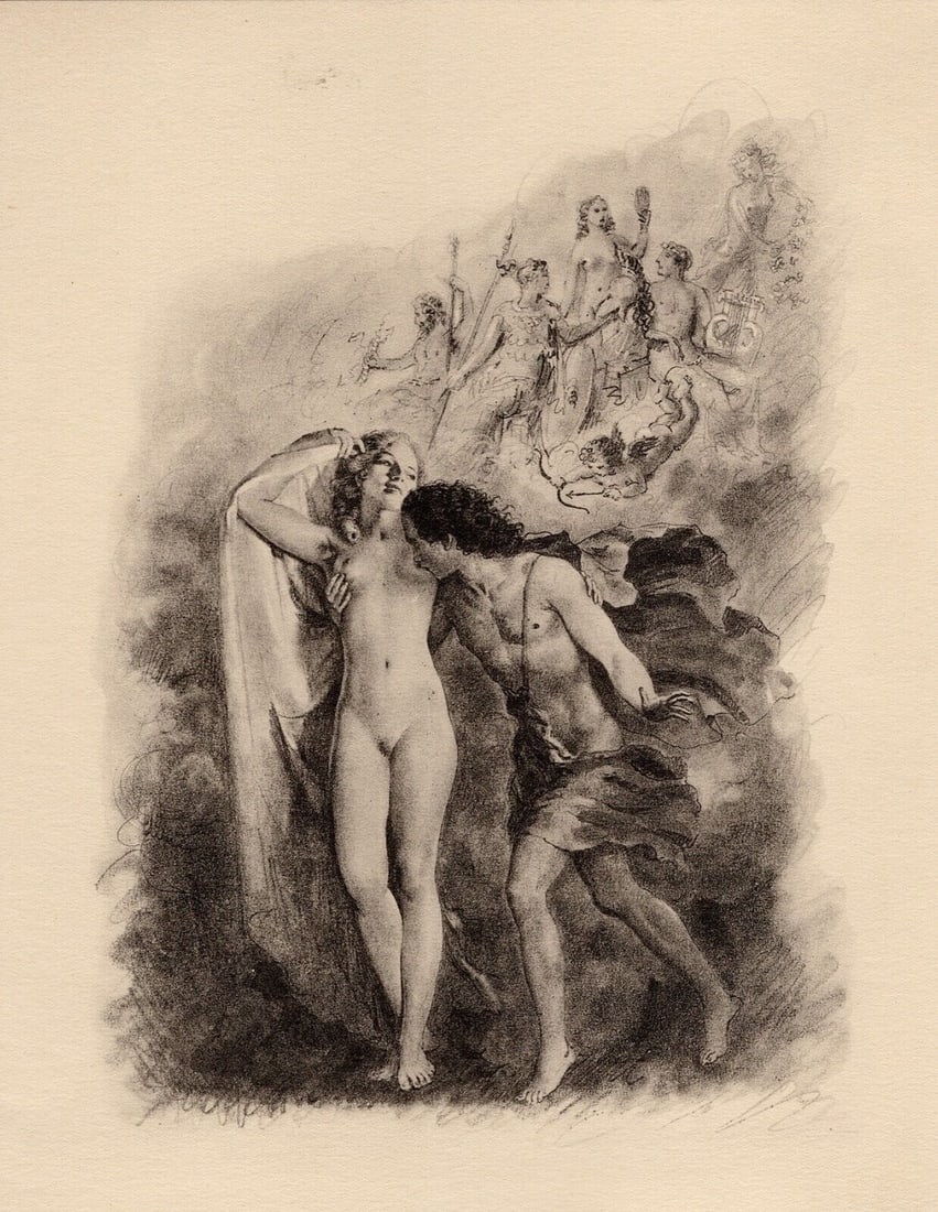 Original 1947 Paul-Emile Becat Limited Lithograph Le Nouvel Olympe Framed: Paul-emile Becat (French, 1885 - 1960). Fourth Kiss, New Olympus I (Quatrième Baiser, Le Nouvel Olympe I). Original lithograph on Chiffon Renage paper. Year: 1947. Numbered limited edition. This is o