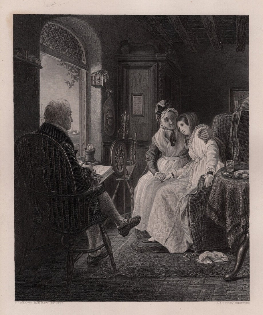 John Callcott Horsley 1800s Engraving Pride of the Village Framed Signed: John Callcott Horsley (English, 1817 – 1903). The Pride of the Village. Antique engraving on wove paper after the original painting by master etcher George Austen Periam (British, 1801- d. after 185