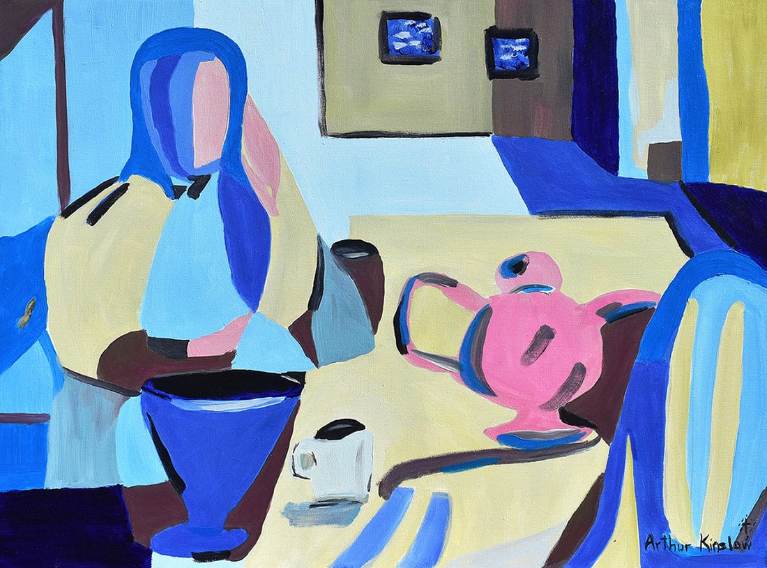Arthur Kinslow Original Painting Still Life with a Teapot 30 x 40 Inches: Arthur Kinslow ( American, 1955 - ) Still Life with a Teapot. Original Acrylic on Canvas. Signed by the artist lower right. Canvas Size 30 x 40 inches. Arthur Kinslow has been involved in art his enti