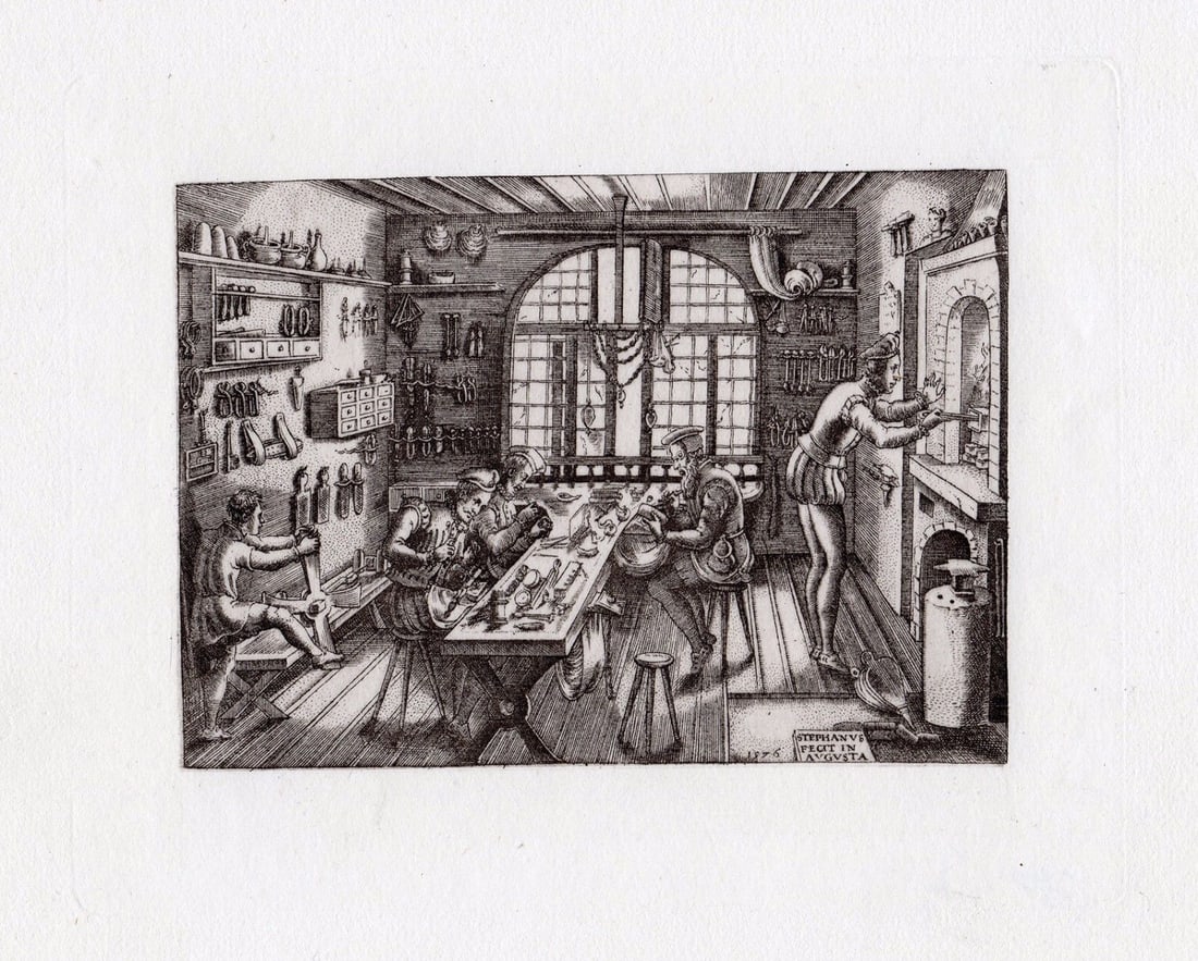 Etienne Delaune Goldsmith's Workshop 1880 engraving: Etienne Delaune. (French, c. 1519-1583). Goldsmith's Workshop. Antique Engraving on laid paper after the 1576 original by master engraver Amand Durand (1831-1905). 1880. Titled and Dated in the plate.