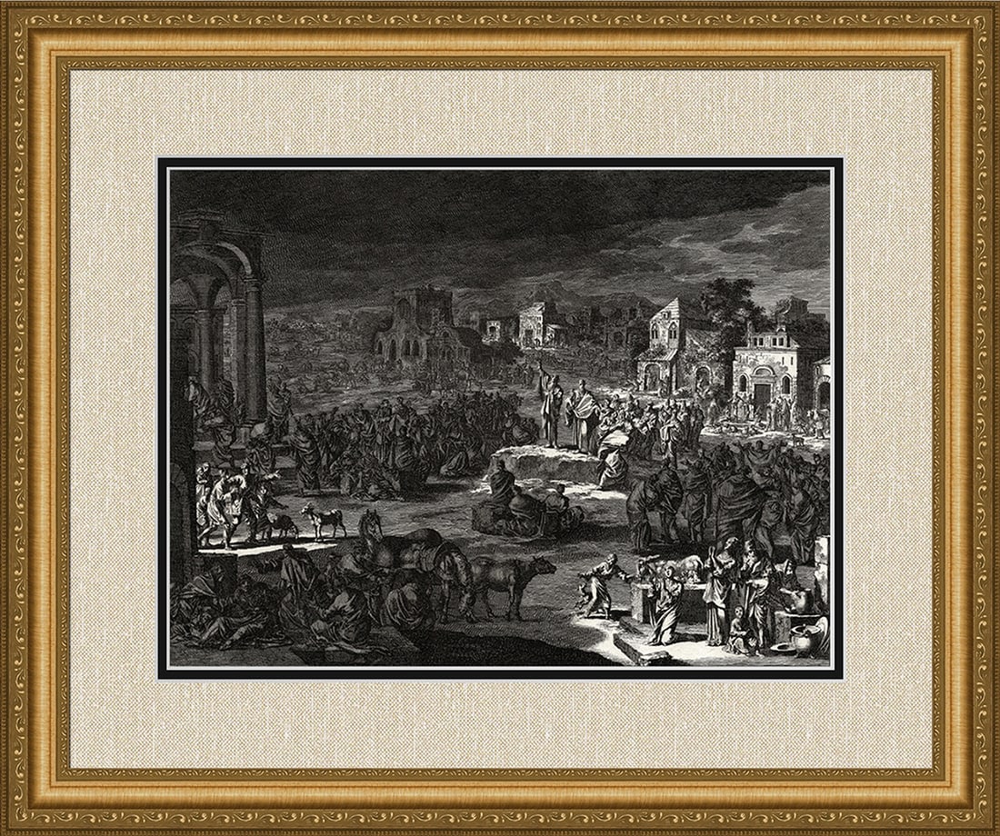 1747 Monumental Engraving Jan Luyken The Ninth Plague Framed: Jan Luyken (Dutch, 1649 - 1712). The Ninth Plague: Darkness. Antique engraving on laid paper. Year: 1747. Publisher: Frans Houtteyn. Reference: Hollstein / Dutch and Flemish etchings, engravings and w