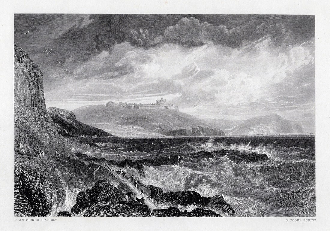 1800s WILLIAM TURNER Engraving Pendennis Castle Signed Framed: Joseph Mallord William Turner (English, 1775-1851). Pendennis Castle and Entrance of Falmouth Harbour, Cornwall. Antique engraving on wove paper after the original by master engraver George Cooke (Bri