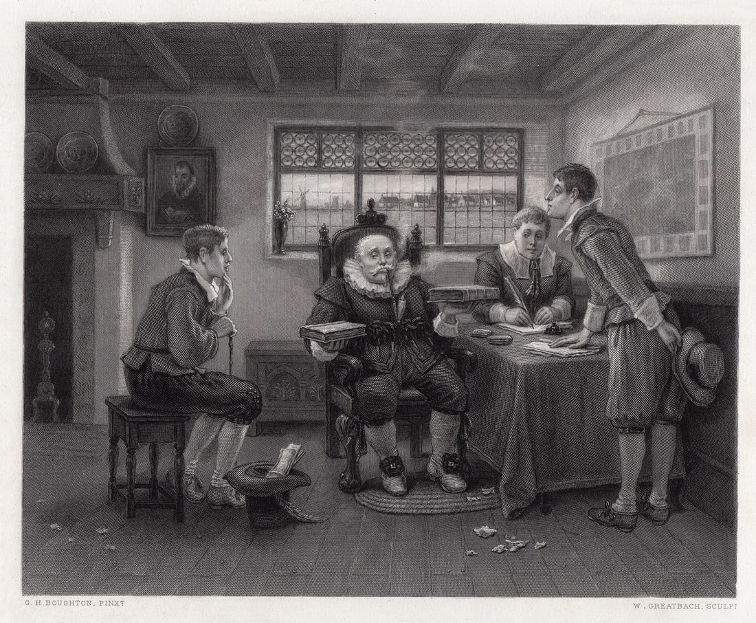 George Henry Boughton (Anglo-American, 1833 - 1905) | The Judgement of Wouter van Twiller: George Henry Boughton (Anglo-American, 1833 - 1905). The Judgement of Wouter van Twiller. Image Size 7 1/2 x 9 inches. Antique steel engraving on wove paper after the original by master engraver Willi