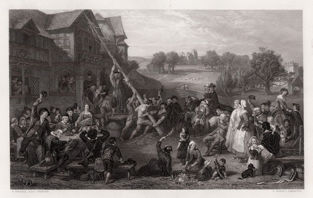 Frederick GOODALL SIGNED Engraving Maypole Festivities Framed: Frederick Goodall (English, 1822-1904). Raising the May-Pole. Antique engraving on wove paper after the original by master engraver Edward Goodall (British, 1795-1870). Signed in the plate. Year: 1854