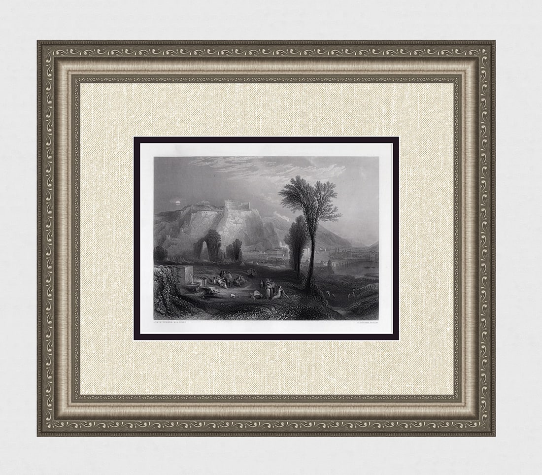 TURNER 1800s Engraving Bright Stone of Honor & Tomb of Marceau FRAMED SIGNED: Joseph Mallord William Turner (English, 1775-1851). Ehrenbreitstein. Antique engraving on wove paper after the original by master engraver John Cousen (British,1804-1880). Year: 1862. Signed in the pl