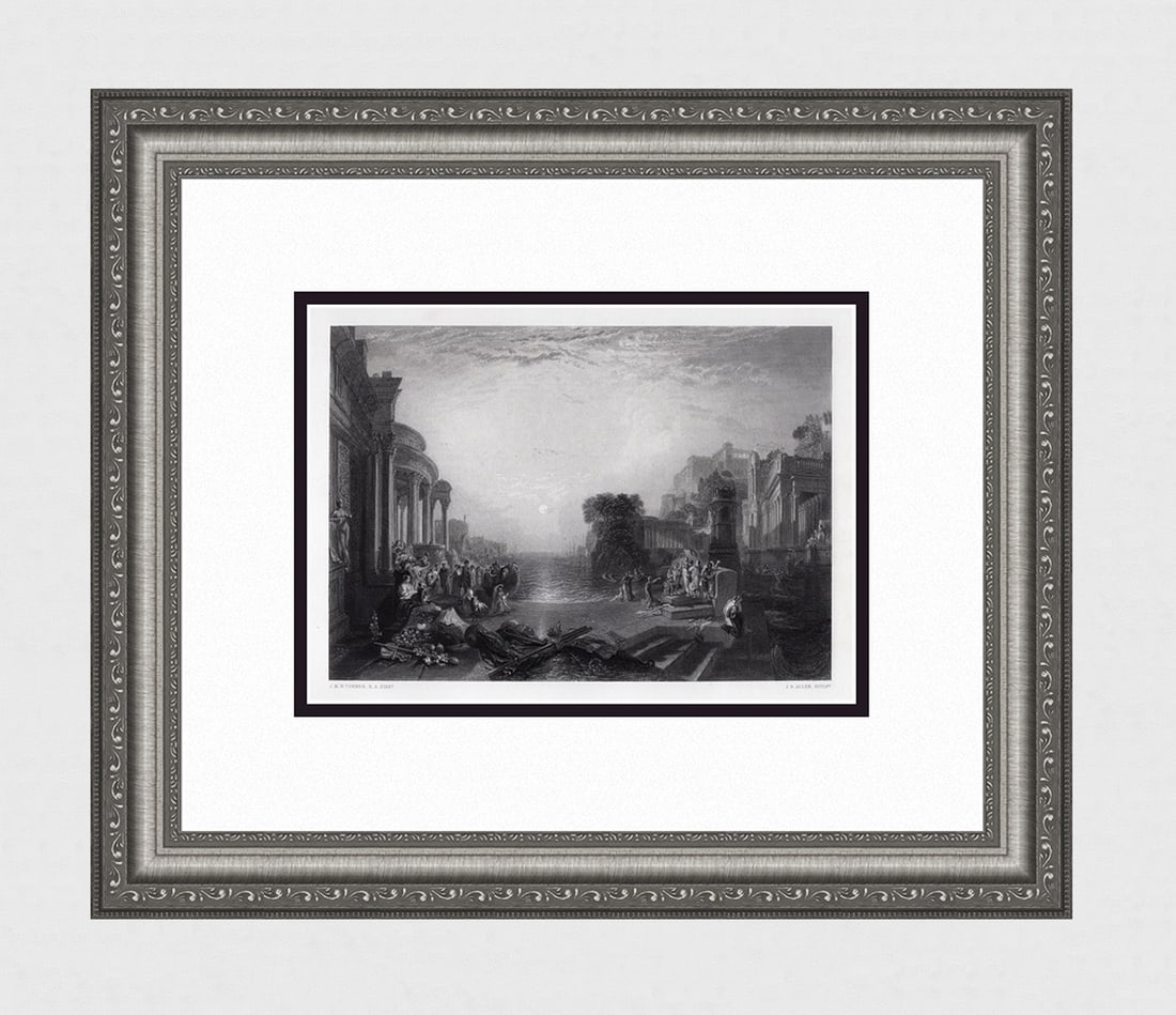 1800s TURNER Engraving Decline of the Carthaginian Empire SIGNED FRAMED: Joseph Mallord William Turner (English, 1775-1851). Decline Of Carthage. Antique engraving on wove paper after the original by master engraver James Baylis Allen (British, 1803-1876). Year: 1878. Sign