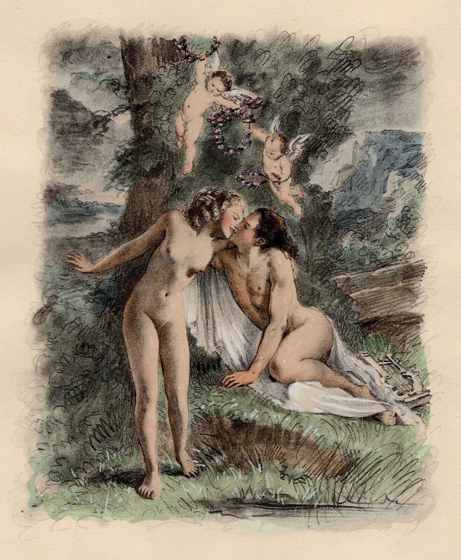 Original 1947 Paul-Emile Becat Limited Lithograph The Kiss Framed: Paul-emile Becat (French, 1885 - 1960). The Kisses (Les Baisers). Original lithograph on Chiffon Renage paper. Year: 1947. Numbered limited edition. This is one of 254 numbered copies. Image Size 5 1/