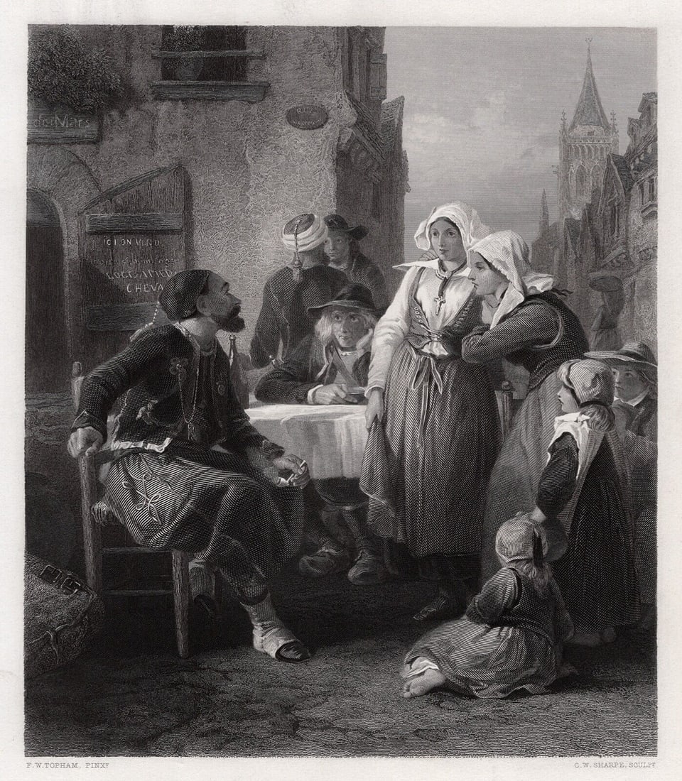 1800s Francis William TOPHAM Engraving Zouave's Story SIGNED: Francis William (Frank) Topham (British, 1808-1877). The Zouave's Story. Antique engraving on wove paper after the original by master engraver Charles William Sharpe (British, 1818-1899). Year: 1865.