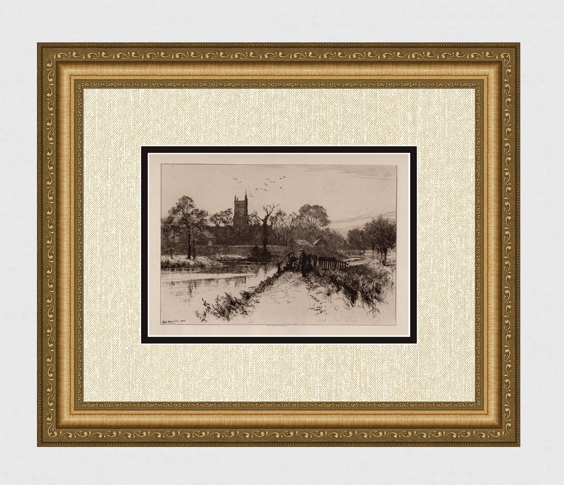 Percy Robertson ORIGINAL Etching "Winchester College" Framed SIGNED: Percy Robertson (English, 1868-1934). Winchester College, from the Meadows. Original etching on wove paper. Year: 1890. Signed in the plate, lower left. Image size 6 1/4 x 9 1/4 inches. Framed dimensi