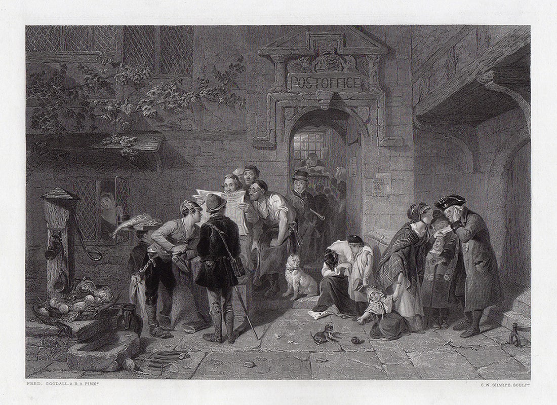 1862 Engraving Frederick Goodall The Post Office Signed: Frederick Goodall. (English, 1822 - 1904). The Post Office. Antique Steel Engraving on wove paper after the original by Master Engraver Charles William Sharpe (British, active 1848-1883). 1862. Signed