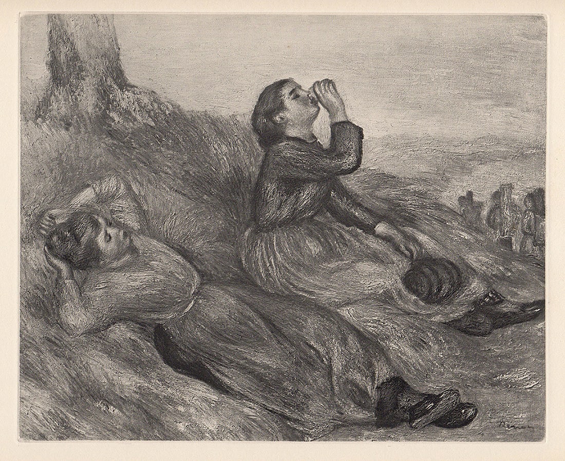 RENOIR 1919 Engraving "The Resting Haymakers" Framed SIGNED LIMITED: Pierre Auguste Renoir (1841 - 1919). Haymaking (La Fenaison). Antique copper plate heliogravure engraving on Japon Imperial paper hand pulled by Emile Fequet in Paris on December 15, 1919. Signed in