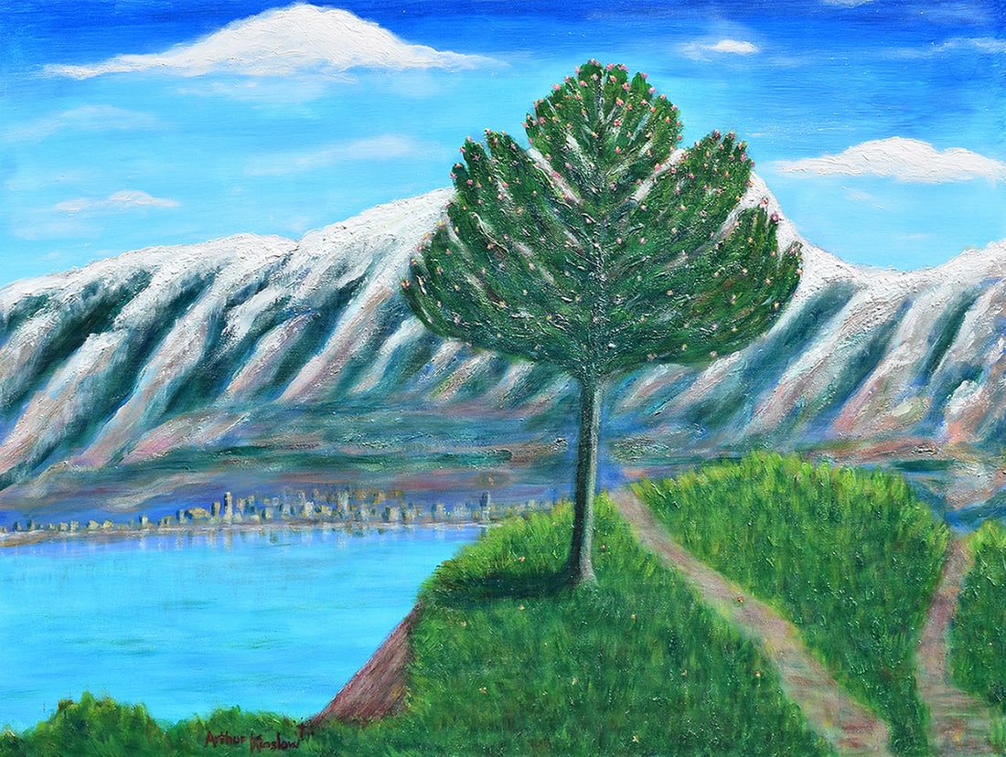 Arthur Kinslow Orginal Painting City by the Lake 30 x 40: Arthur Kinslow ( American, 1955 - ). City by the Lake. Original Acrylic on Canvas. Signed by the artist. Canvas Size 40 x 30 inches. Arthur Kinslow has been involved in art his entire life and believe