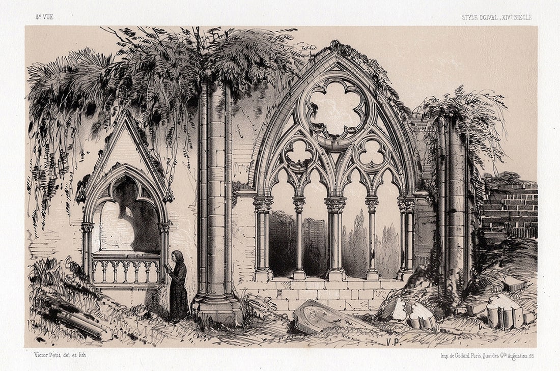 1800s Original VICTOR PETIT Lithograph L'Eglise Abbatiale De Dilo FRAMED: Victor Petit (1817-1871). Fragment De L'Eglise Abbatiale De Dilo, Yonne (Fragment of The Abbey Church of Dilo). Original tinted lithograph on strong vellum paper. Year: 1860. Signed in the plate. Publ