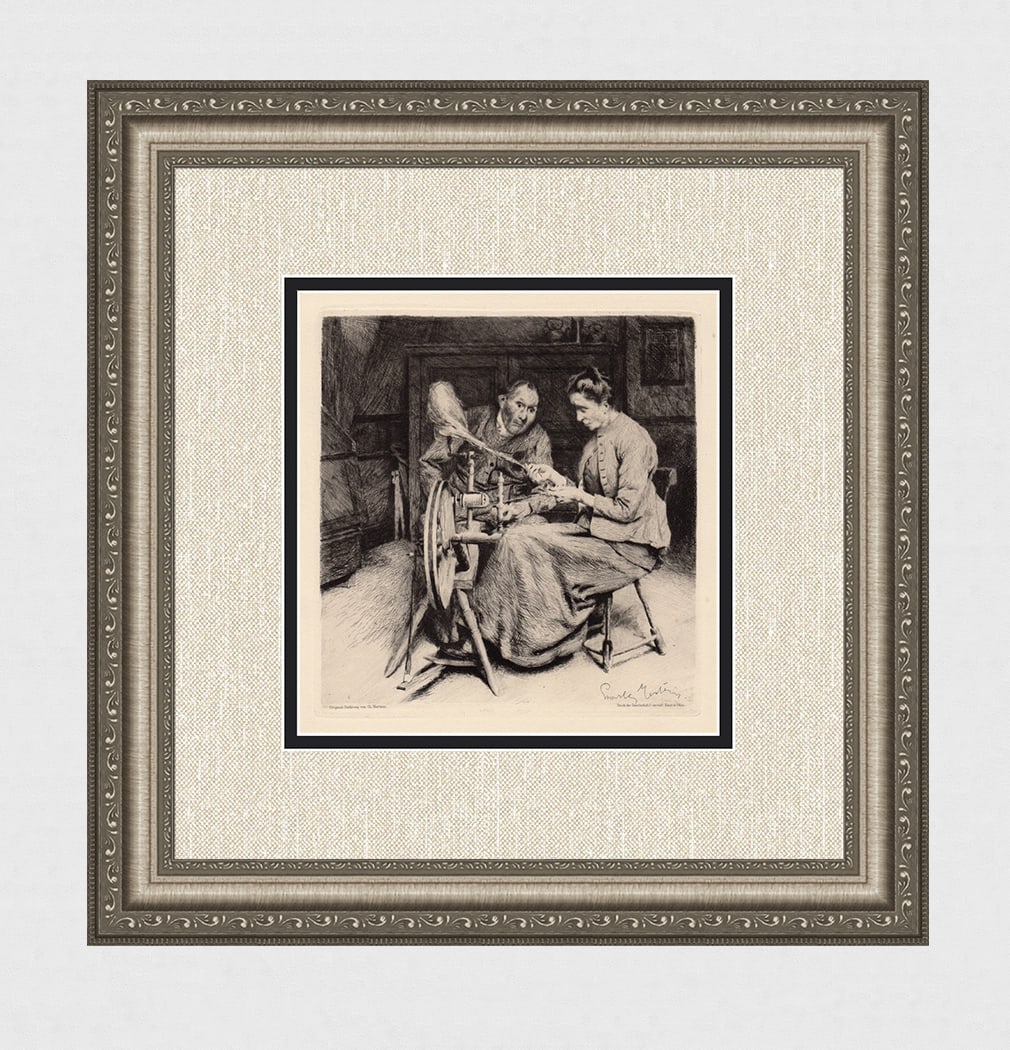 Spinning Wheel Charles Mertens 1800s Etching Original Signed (1 of 3)