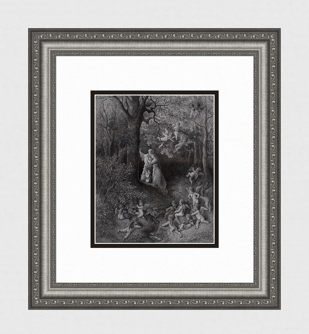 Gustave Dore 1800s Woodcut Furioso Lovers with Cherubs Framed Signed: Gustave Dore(Paul Gustave Louis Christophe Dore)(French, 1832-1883). Angelica and Medoro write their names on every surronding tree. (From Orlando Furioso). Antique woodcut on wove paper after the ori