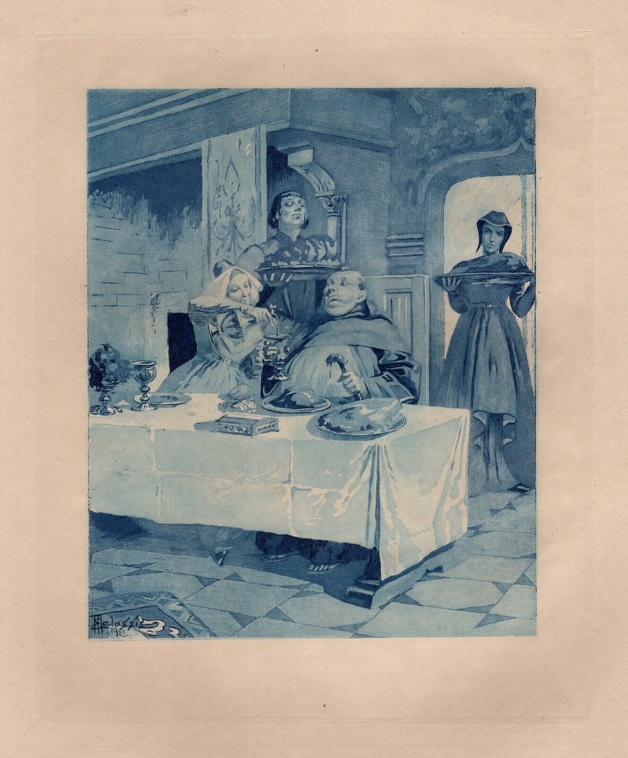 Limited EDMOND MALASSIS Engraving THE DINNER TABLE Signed Framed: Edmond Malassis (French, 1874 - 1944). The Gentleman's Dinner Party I (Le dîner du Gentleman I) (Cent Nouvelles Nouvelles). Vintage copper plate engraving in blue ink on Velin paper after the origina