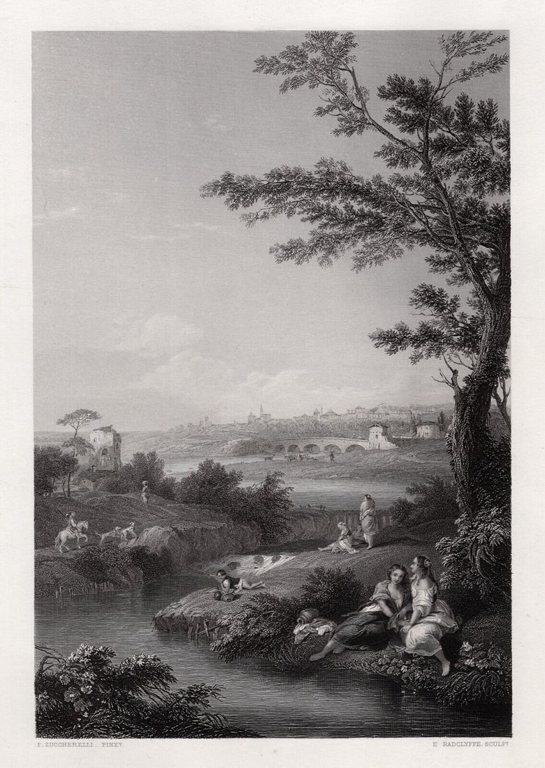 Francesco Zuccarelli 1800s Engraving The Waterfall Signed Framed: Giacomo Francesco Zuccarelli (commonly known as Francesco Zuccarelli) (Italian, 1702 - 1788). The Waterfall. Antique engraving on wove paper after the original master engraver by Edward Radclyffe (Bri