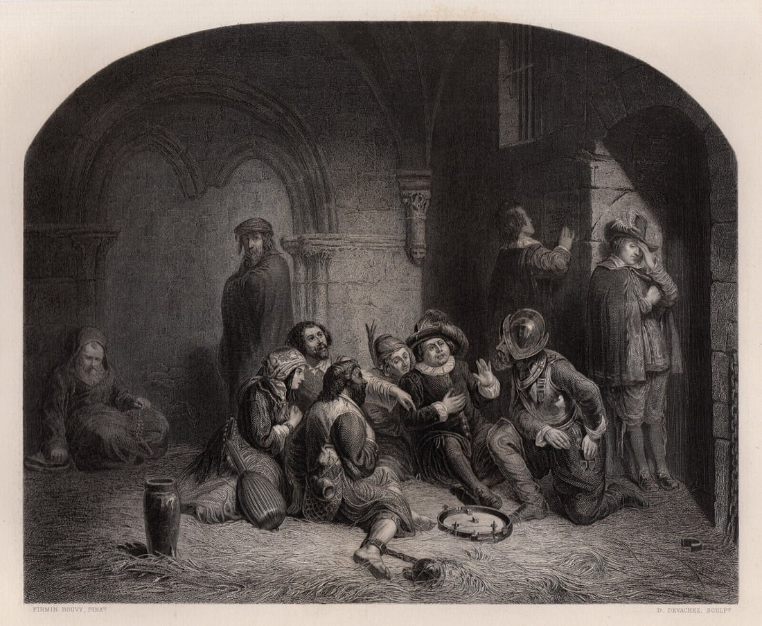 Firmin BOUVY 1800s Antique Engraving THE PRISONERS Signed Framed: Firmin Bouvy (Belgian, 1822-1891). The Prison-Group. Antique engraving on wove paper after the original oil on canvas by master engraver David Joseph Desvachez (French, 1822-1902). Signed in the plate