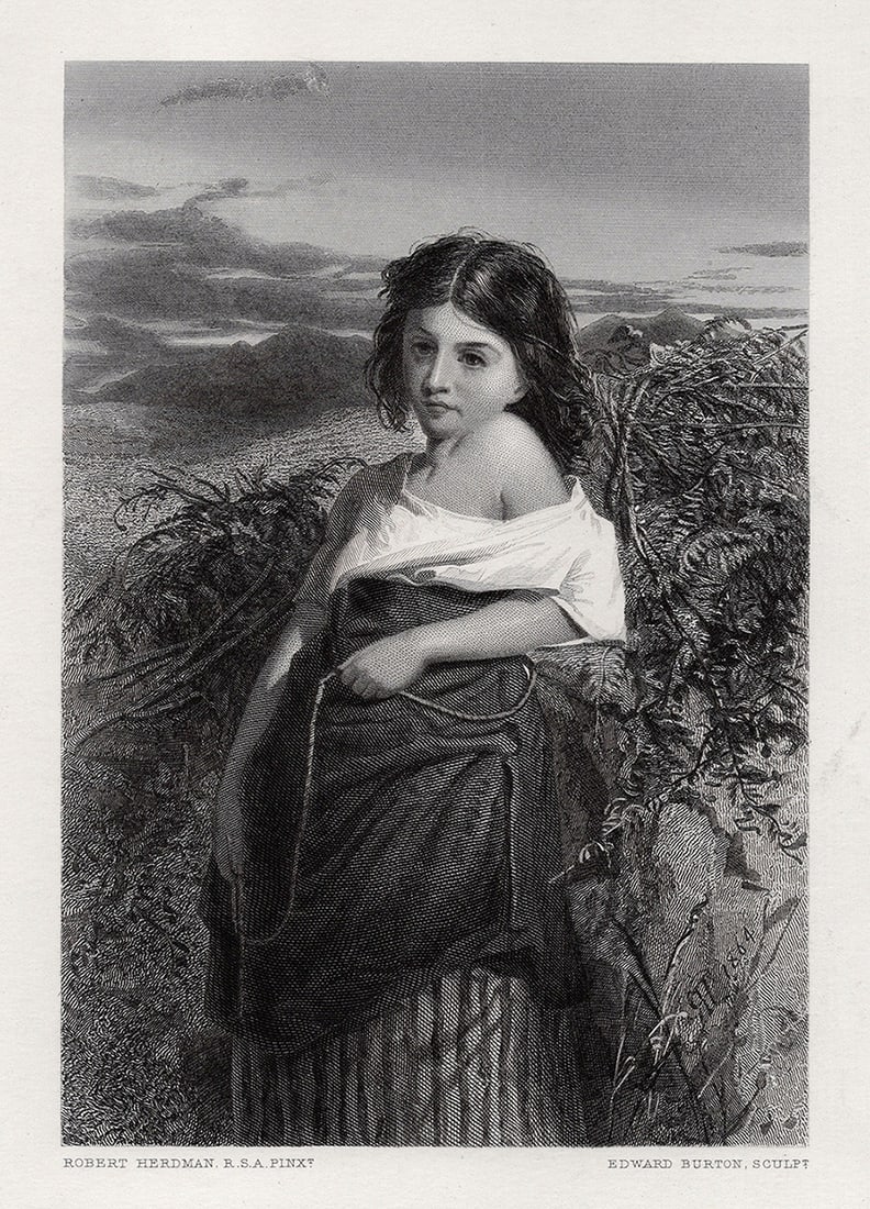 Robert HERDMAN 1800s Engraving The Fern Gatherer SIGNED FRAMED: Robert Herdman (British, 1829-1888). A Fern-Gatherer. Antique engraving on wove paper after the original oil on canvas by master engraver Edward Burton (British, 1794-1836). Year: 1873. Image Size - 5