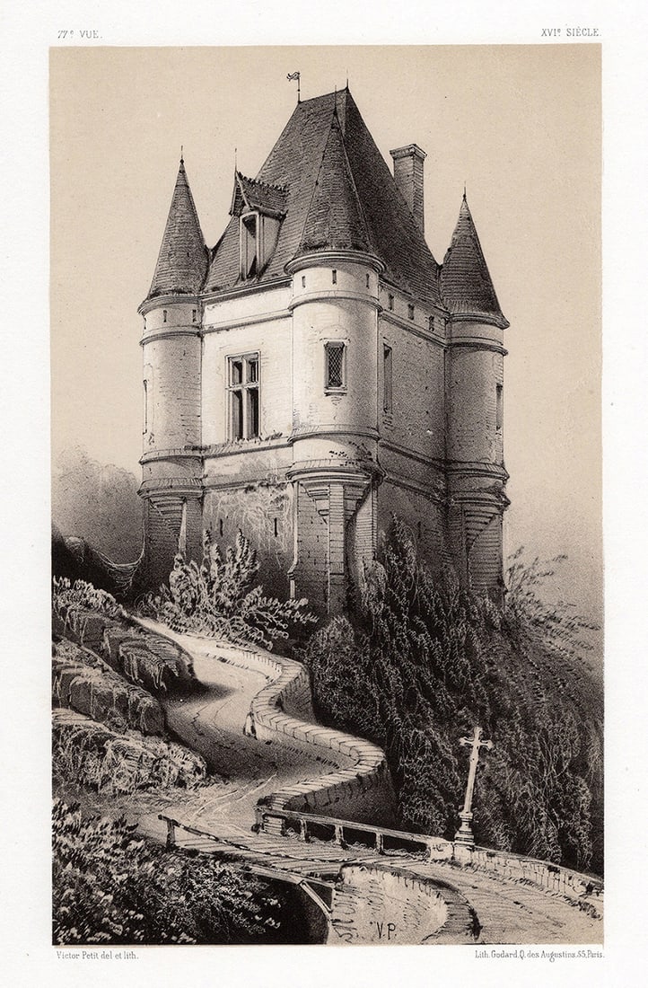 Original Victor Petit 1800s Lithograph Le Mesnil Signed Framed: Victor Petit (1817-1871). Le Mesnil Corrire. Original tinted lithograph on strong vellum paper. Year: 1860. Signed in the plate. Published by A Godard Paris. Image Size 5 1/2 x 9 inches. Framed dimens