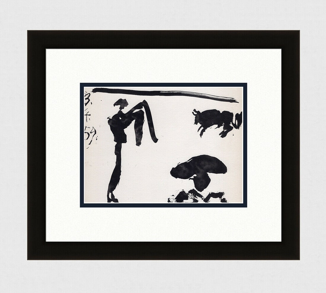 PABLO PICASSO 1961 Vintage Lithograph Matador FRAMED: Pablo Picasso (1881 - 1973). Waving the Banderilla (Ondeando la Banderilla). Black and white offset lithograph, on Arches paper, after the original sketch. Atelier Mourlot. Year: 1961. Signature/Dated