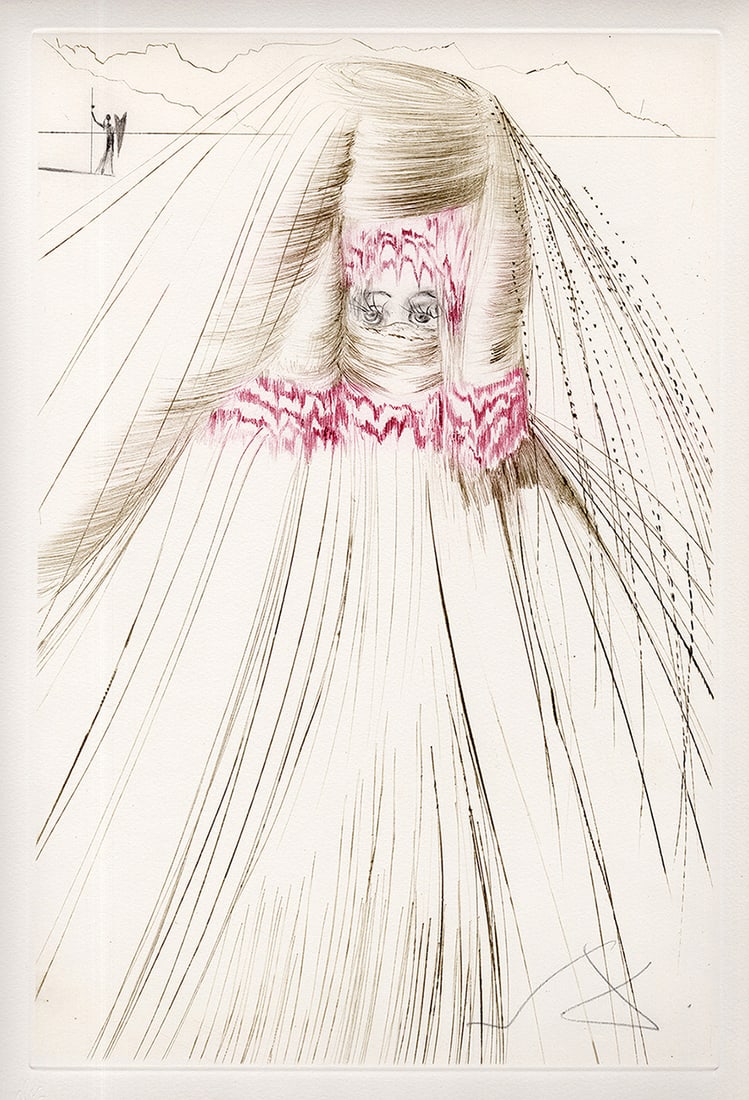 Salvador Dali Tristan Etching Signed Limited Framed: Salvador Dali. La Reine Avait Bliaut de Soie (An Ambiguous Oath). Original Color drypoint etching on Arches paper. Year: 1970. Hand Signed in pencil (Monogram) lower right. From the edition of 125. Bl