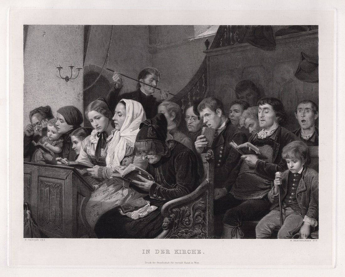 Benjamin Vautier In der Kirche (In the Church) 1887 Engraving Signed (1 of 2)