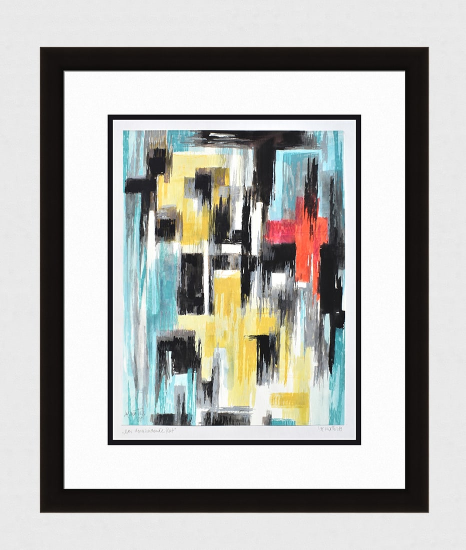 Mathis Original Gouache The dominant Red Framed Swiss: Josef Johann Mathis (Joe Mathis, 1913 - 2002; Swiss). The Dominant Red (Das dominierende Rot). Original Mixed Media Gouache on paper. Year: 1988. Hand signed and dated in pencil, lower right. Titled i