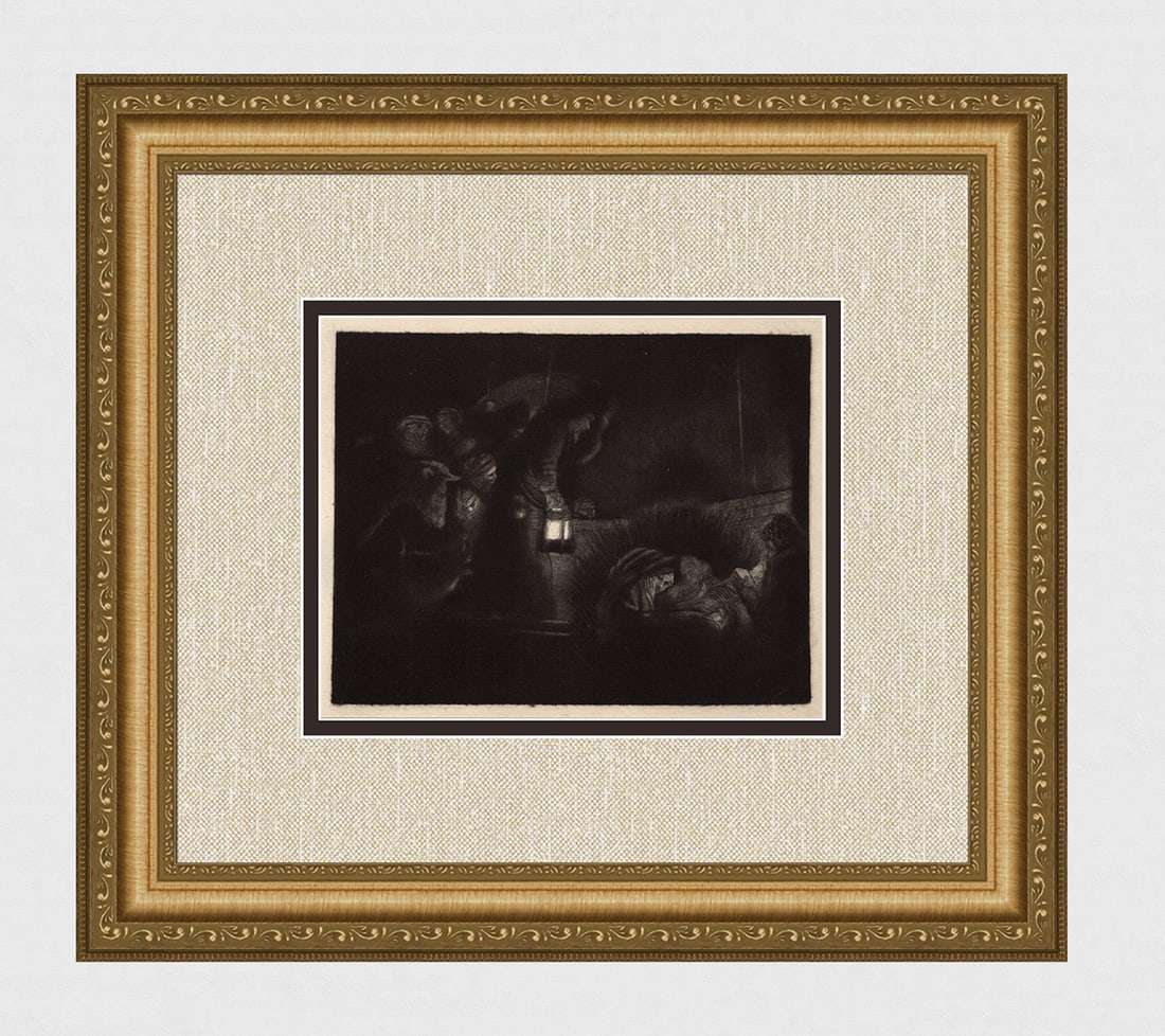 1800s REMBRANDT B46 Etching Adoration of the Shepherds Durand Framed: After Rembrandt Harmenszoon Van Rijn (1606-1669). The Adoration of the Shepherds: A night piece. Antique hand pulled copper plate etching on laid paper after the original by master etcher Amand Durand