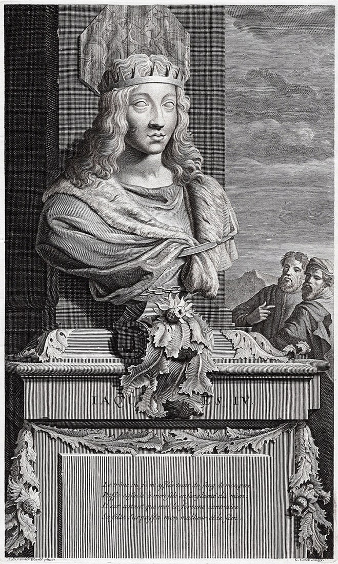 Adriaen van der Werff 1697 Engraving James IV of Scotland Framed: Adriaen van der Werff (1659 - 1722). James IV of Scotland (1473-1513), Reigned Scotland 1488-1513 . Antique engraving on laid paper after the original by master engraver Gerard Valck (Dutch, 1651/2-17