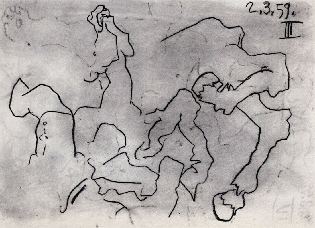 1961 Pablo Picasso Vintage Lithograph El Toro de Carga FRAMED: Pablo Picasso (1881 - 1973). Injured Horse and Picador III (Caballo Herido y Picador). Black and white offset lithograph, on Arches paper, after the original sketch. Atelier: Mourlot. Year: 1961. Sign