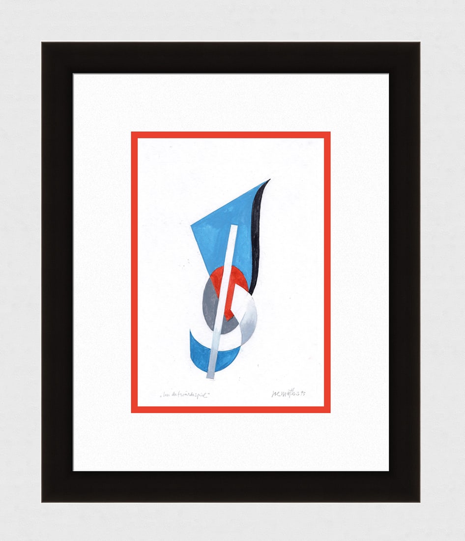 Mathis Original Gouache Upwards Game Framed Swiss: Josef Johann Mathis (Joe Mathis, 1913 - 2002; Swiss). Upwardly Game (Im Aufwaertsspiel). Original Mixed Media Gouache on paper. Year: 1995. Hand signed and dated in pencil, lower right. Titled in penc